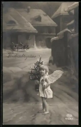 AK Kleiner Weihnachtsengel mit einem Tannenbaum und Puppe