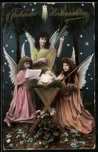 AK Weihnachtsengel musizieren um das Jesuskind herum