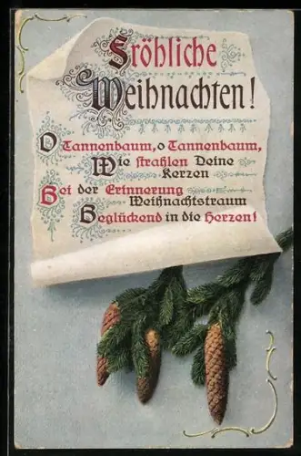 AK Tannenzweig mit Tannenzapfen und Gedicht zu Weihnachten