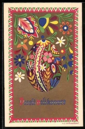 AK Bunt bemaltes Osterei auf goldenem Hintergrund