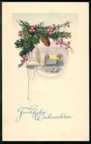 AK Kirche im Schnee, Tannenzweig mit Glocke