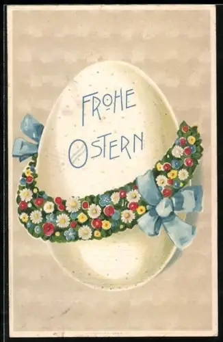 Präge-AK Ostern, Blumenkranz schmückt das Osterei