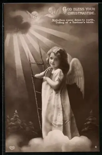 AK Betender Weihnachtsengel an einer Leiter zum Himmel
