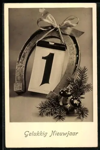 AK Hufeisen mit Kalenderblatt 1, Neujahrsgrüsse