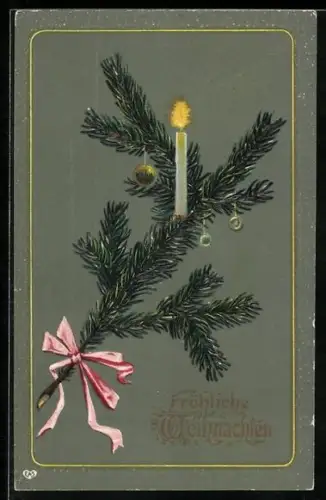 Präge-AK Brennende Kerze auf einem Tannenzweig, Fröhliche Weihnachten