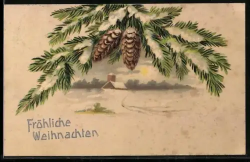 Präge-AK Tannenzweige mit Tannenzweigen, verschneite Stadt, Weihnachten