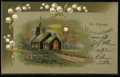 Präge-AK Kleine Kirche im Mondschein, Weihnachtsgrüsse