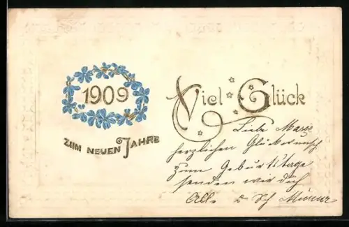 Präge-AK Jahreszahl 1909 im Blumenkranz, Neujahr