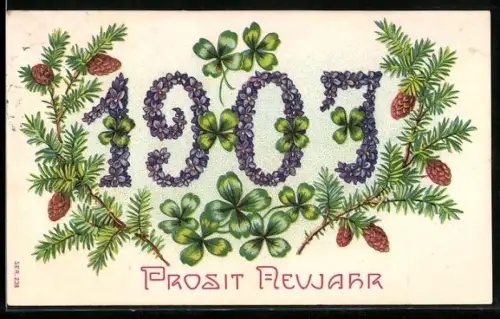 Präge-AK Jahreszahl aus Blumen mit Tannenzweigen, Neujahrsgruss 1907