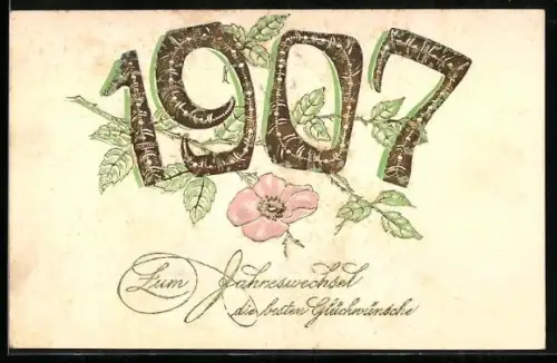 Präge-AK Goldene Jahreszahl 1907, Neujahr