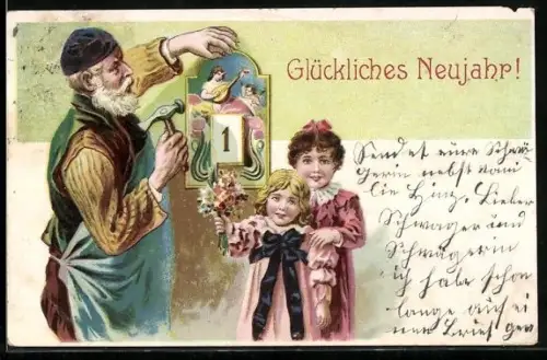 AK Neujahr, Vater nagelt den Kalender an die Wand, Kinder mit Blumenstrauss