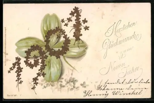 Präge-AK Jahreszahl 1901 aus goldenen Blumen mit Kleeblatt