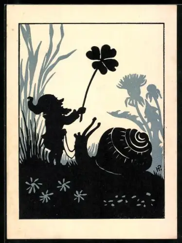 AK Zwerg mit einem Kleeblatt in der Hand hält eine Schnecke an den Zügeln, Scherenschnitt