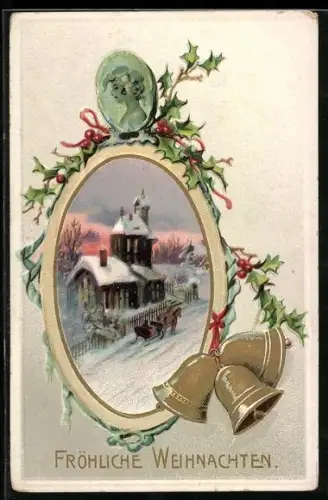 AK Verschneite Ortspartie mit Pferdeschlitten und Glocken im Passepartout, Weihnachten