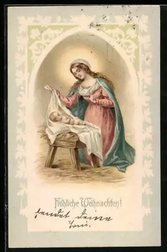 AK Fröhliche Weihnachten, Heilige Mutter wacht über ein Kind