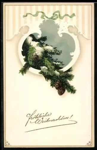 Präge-AK Zweig einer Tanne mit goldener Schleife im Passepartout, Weihnachten