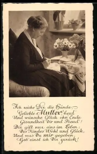 AK Ältere Dame sitzt strickend vor einem Portrait, Muttertag