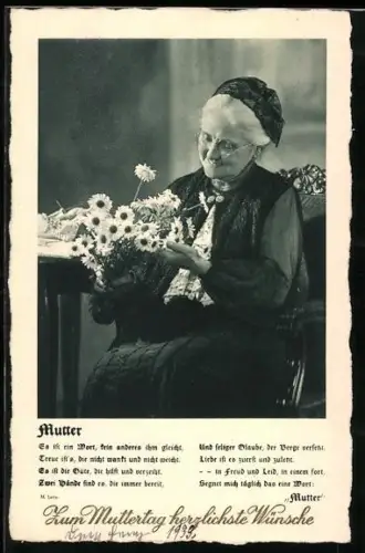 AK Alte Dame mit einem Strauss Gänseblümchen, Muttertag