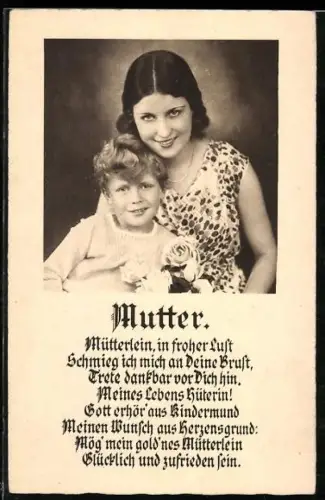 AK Mutter und Sohn mit einem Strauss Rosen zum Muttertag