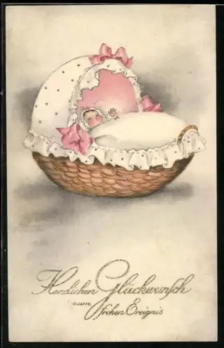 Künstler-AK Hannes Petersen: Niedliches Baby in einem Kinderbett