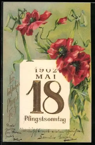AK Pfingsten, Mohnblumen mit Kalenderblatt