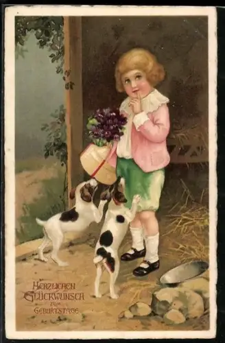 AK Kind mit einem Strauss Veilchen in der Hand und zwei Hundewelpen, Geburtstag
