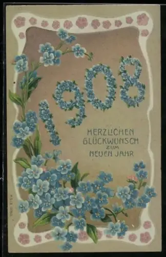 Präge-AK Jahreszahl 1908 aus Vergissmeinnnicht geformt, Neujahr