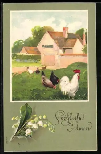 AK Hahn und Hennen auf einer Wiese, Ostergruss