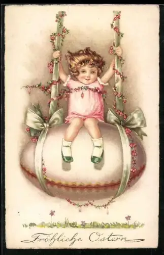 AK Mädchen schaukelt auf einem riesigen Osterei