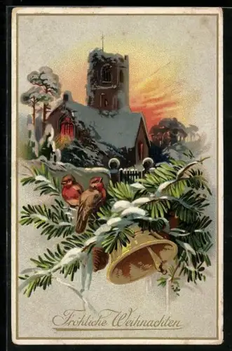 AK Gesegnete Weihnachten, Vögel auf Tannenzweigen