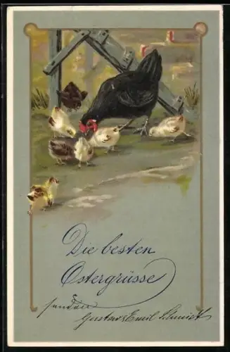 Präge-AK Osterküken neben ihrer Mutter