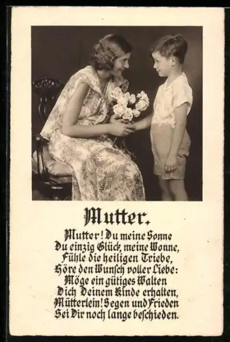 AK Muttertag, Sohn sagt Gedicht auf, Mutter Du bist meine Sonne