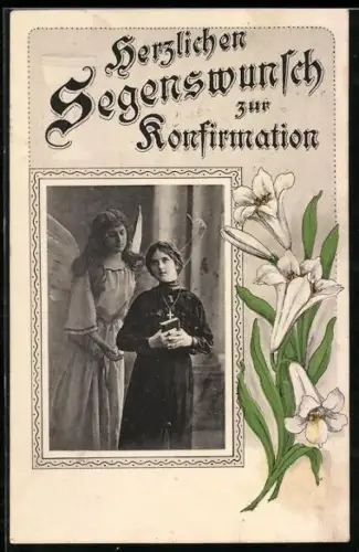 AK Mädchen wird von einem Engel zur Konfirmation begleitet
