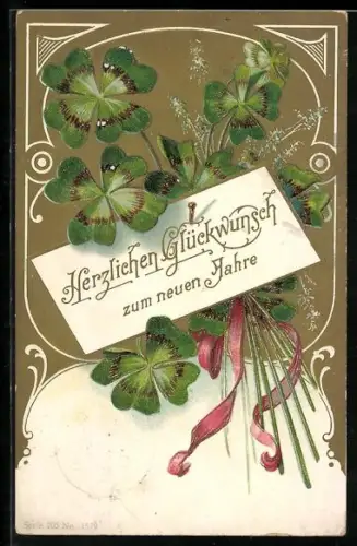 AK Kleeblätter-Strauss mit Schleife und Neujahrsgruss