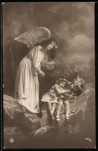 AK Schutzengel wacht über zwei schlafende Mädchen auf einem Stein