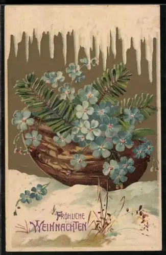 Präge-AK Korb voller Vergissmeinnicht, Weihnachten