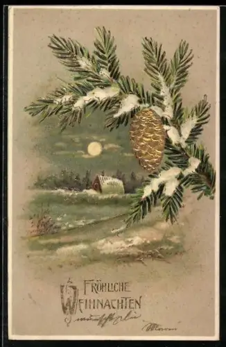 AK Schneebedeckter Tannenzweig mit goldenem Zapfen vor einem verschneiten Ort zu Weihnachten
