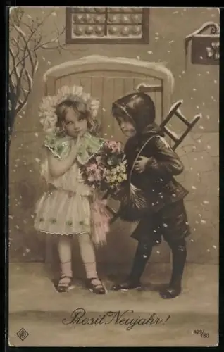 AK Kleiner Schornsteinfeger und Mädchen im Schnee, Neujahrsgruss