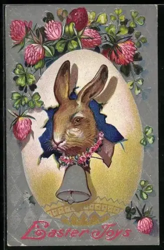 Präge-AK Osterhase mit Glocke umgeben von Klee