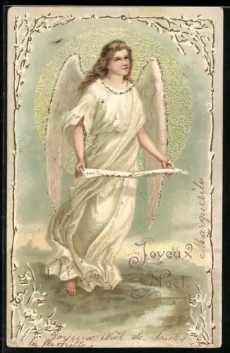 Präge-AK Weihnachtsengel umrahmt von verschneiten Zweigen