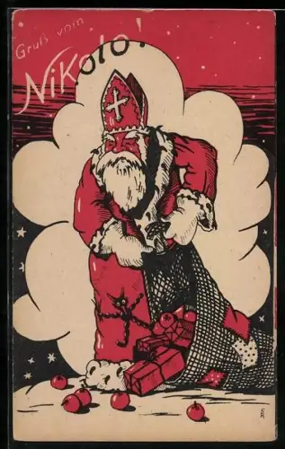 AK Nikolo mit Sack voller Geschenke