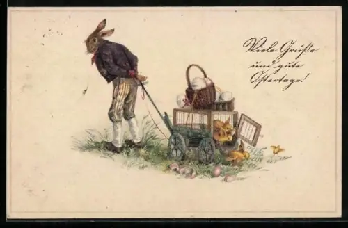AK Osterhase zieht einen Käfig mit Osterküken