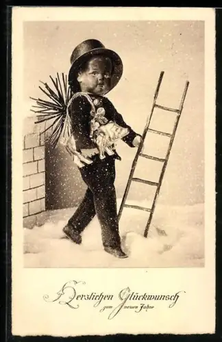 AK Schornsteinfeger mit Leiter auf einem Dach, Neujahr