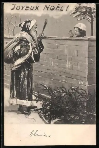 AK Weihnachtsmann und Mädchen sehen sich über eine Mauer hinweg an