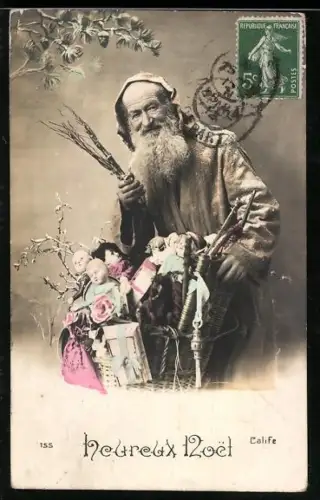 AK Weihnachtsmann mit Korb voller Geschenke