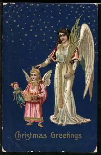 Präge-AK Weihnachtsengel vor Sternenhimmel, Christmas Greetings