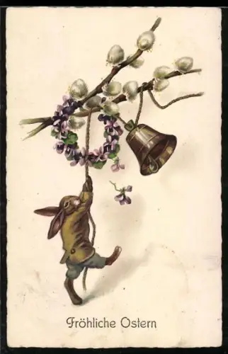 AK Fröhliche Ostern, Osterhase läutet ein Glöckchen, Weidenkätzchen