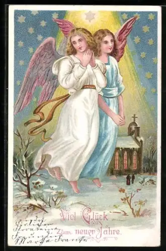 AK Weihnachtsengel vor einer verschneiten Kirche