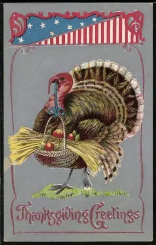 Präge-AK Truthahn mit Korb im Schnabel, Thanksgiving