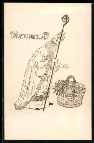 AK Nicolaus mit Korb voller Geschenke